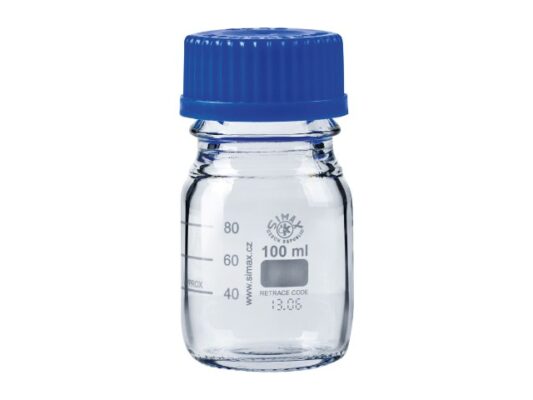 Graduated borosilicate reagent bottle with blue screw cap