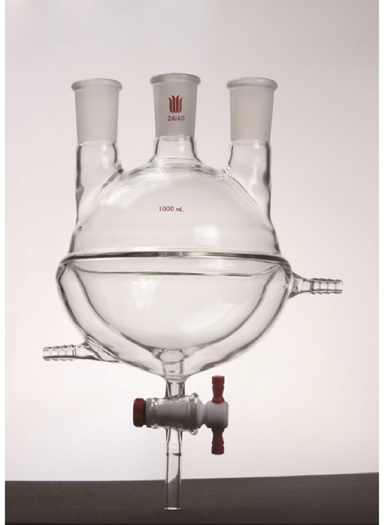 Synthware Flask* F63G, 3-neck, round bottom, vertical, stopcock drain, half-jacket